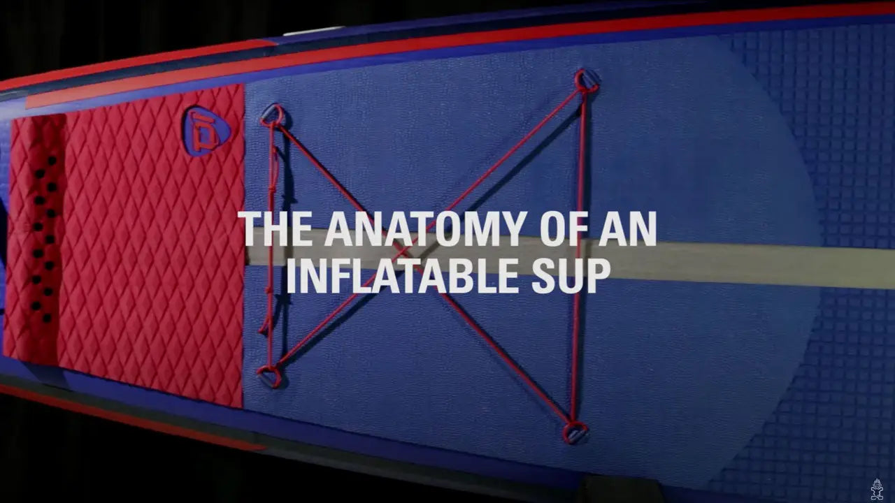 Red inflatable SUP with blue accents and white text on black background