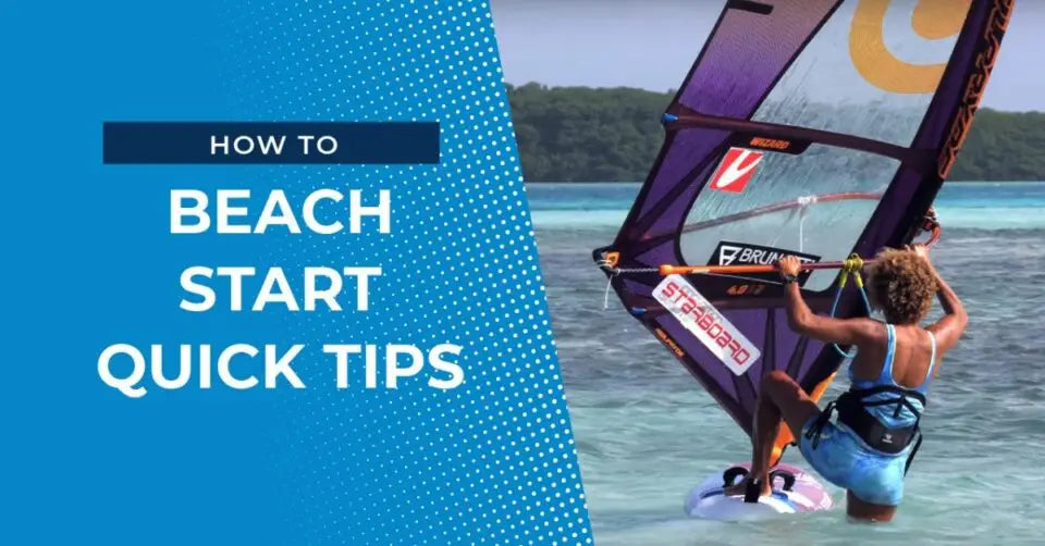 Purple windsurfing board with black-white design and yellow sail in Beachstart Quick Tips
