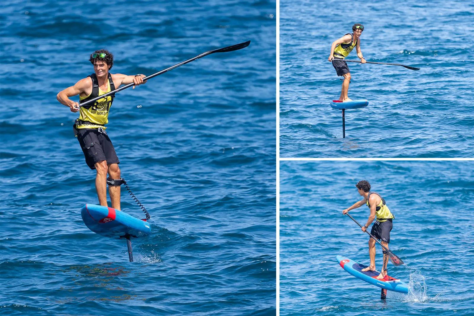 Colmas Ace foil blue and red hydrofoil board with black paddle