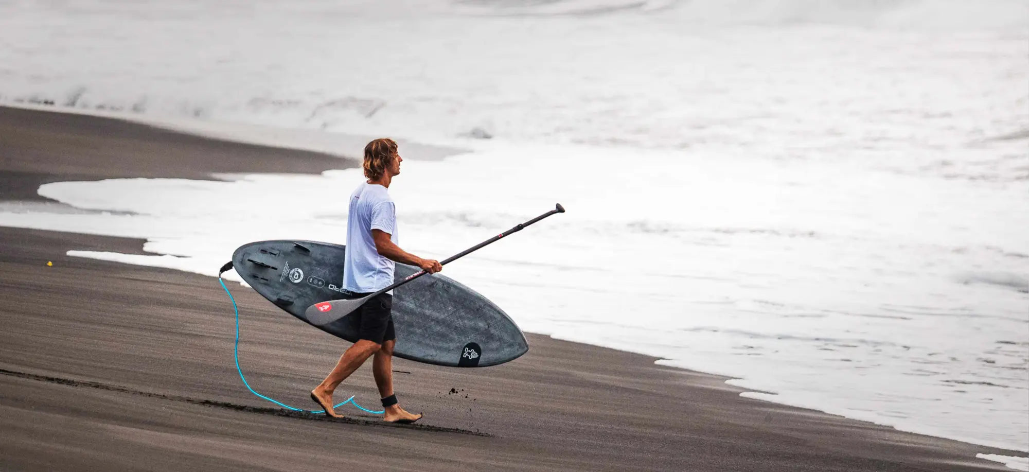 Starboard SUP stand-up paddleboard with teal leash and black fins