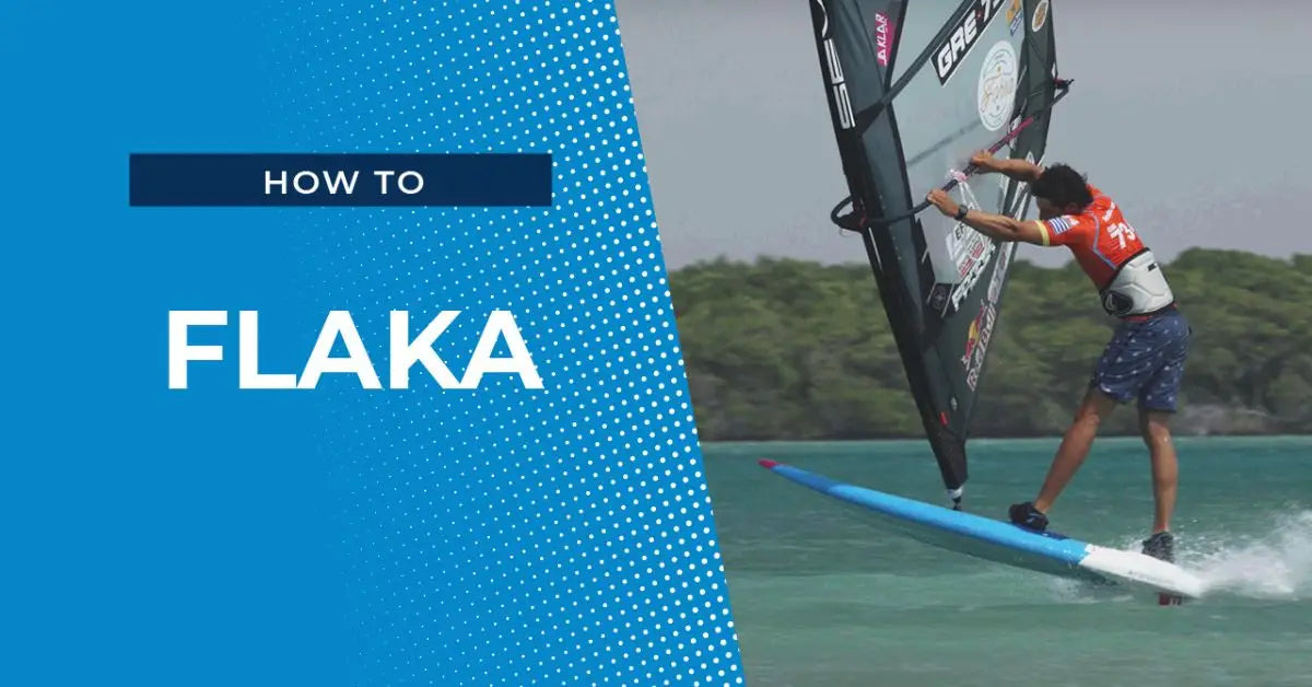 Windsurfing board in blue and white with black sail and orange harness for Flaka tutorial by Lennart Neubauer