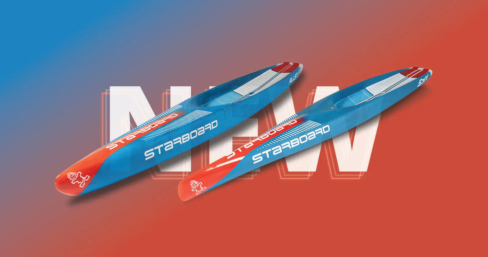 Starboard blue and red surfboard with white text in All Star and Sprint racing
