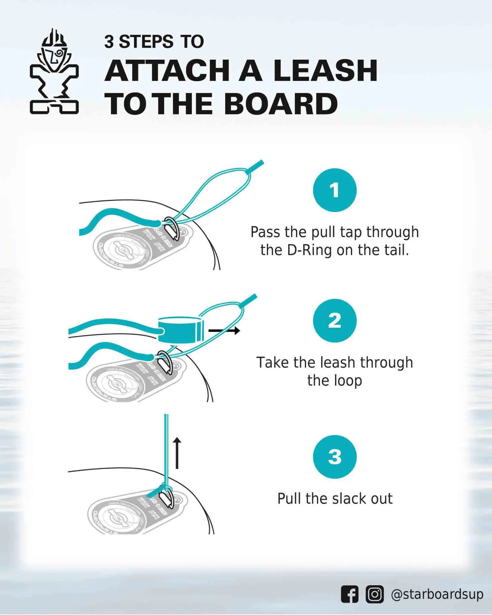 Durable teal and white starboard leash for SUP attachment
