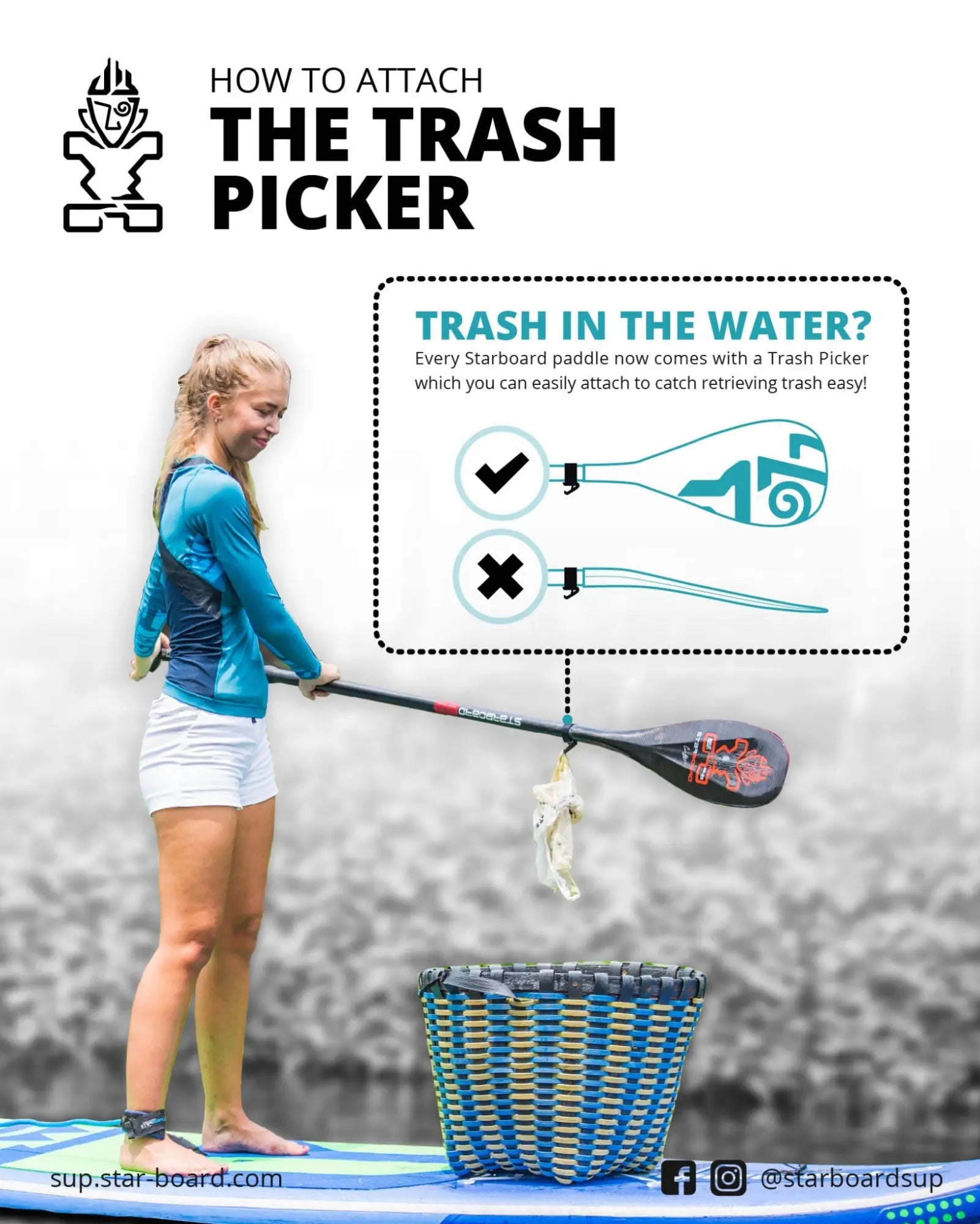 Blue and white striped trash picker with netted bottom on SUP board