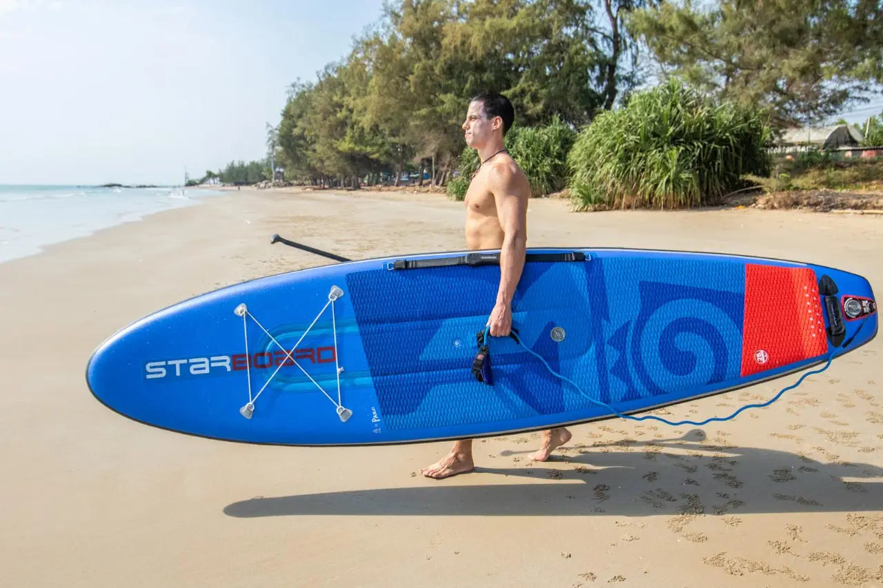 Star blue and red inflatable paddleboard for easy water carry