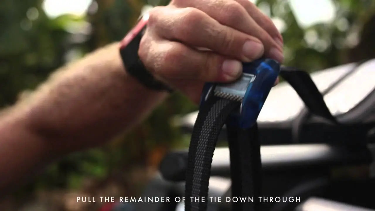 Blue and white adjustable carabiner with black strap for paddle board transport