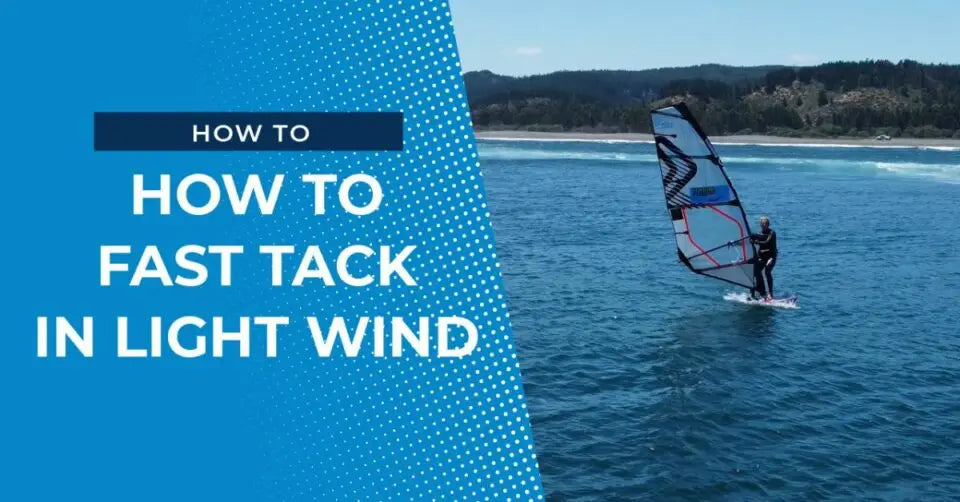 Windsurfing board with blue and white sail for light wind fast tack