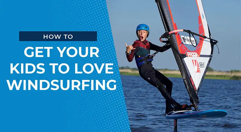 Colorful kids windsurfing board with blue white design red accents