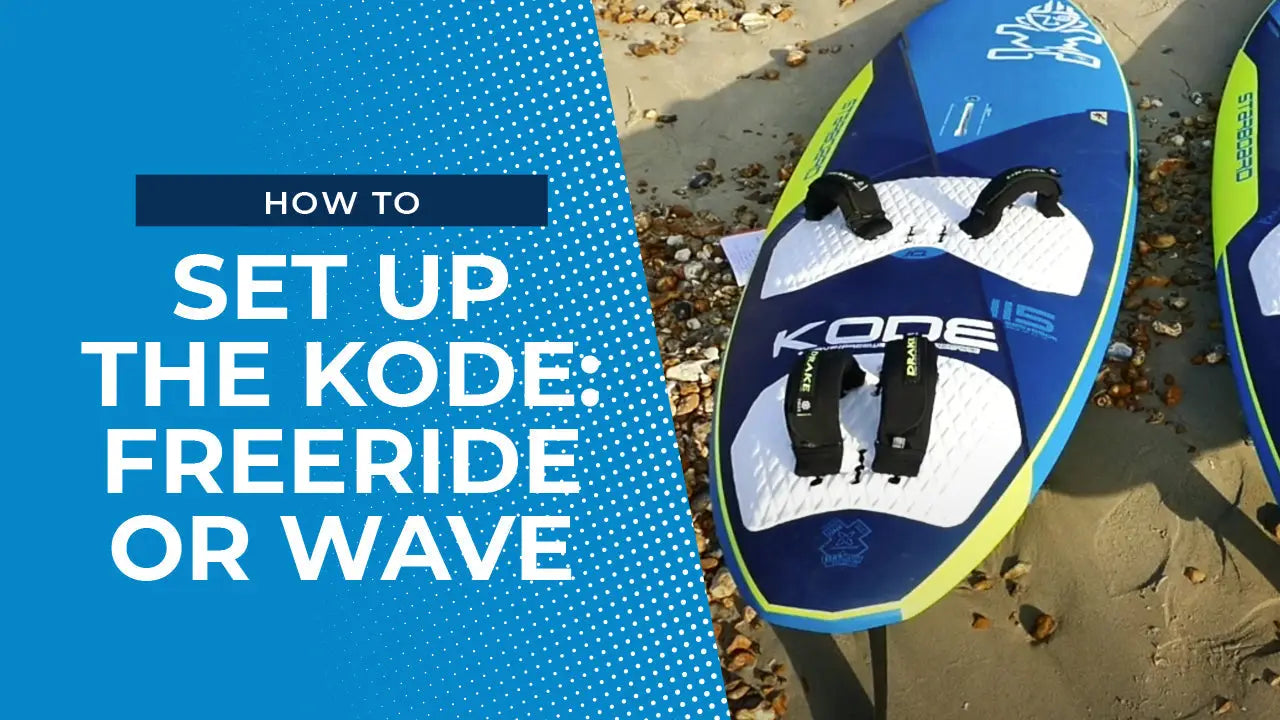 Blue and white Kode kiteboard with black bindings for freeride or wave setup