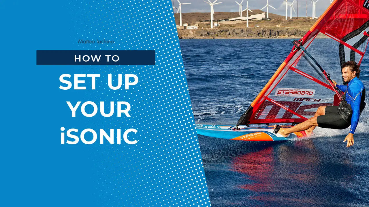 Sleek blue and orange iSonic slalom windsurfing board setup