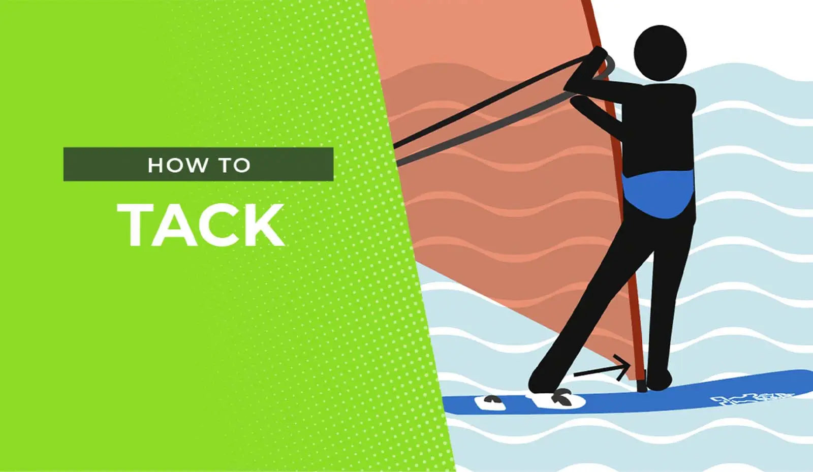 Windsurfing board with blue white design black sail red fin green leash for tacking