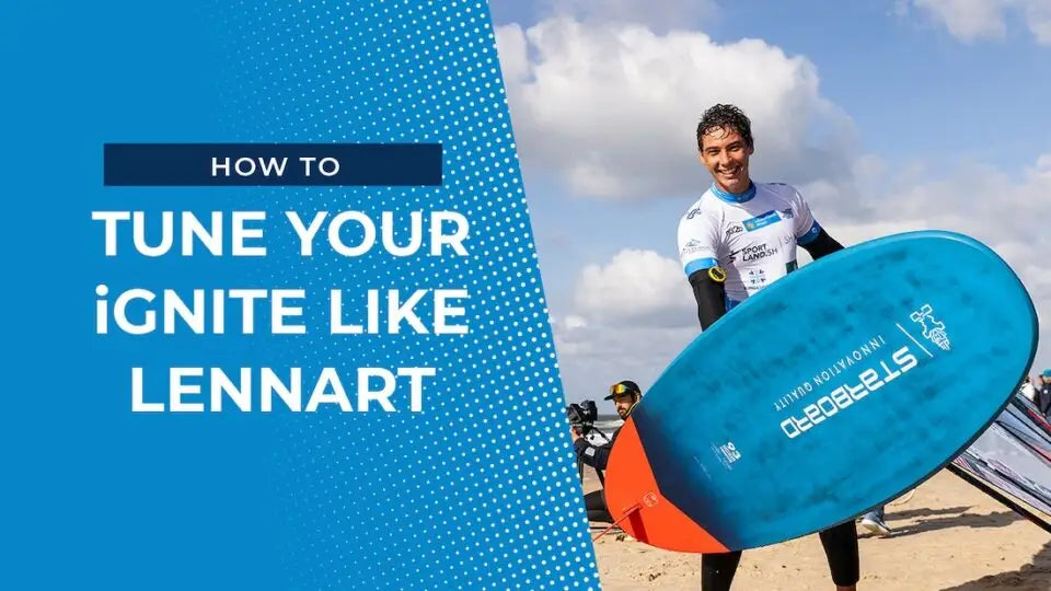 Blue Stabilizo surfboard with white and yellow text in Starboard iGNITE tuning article