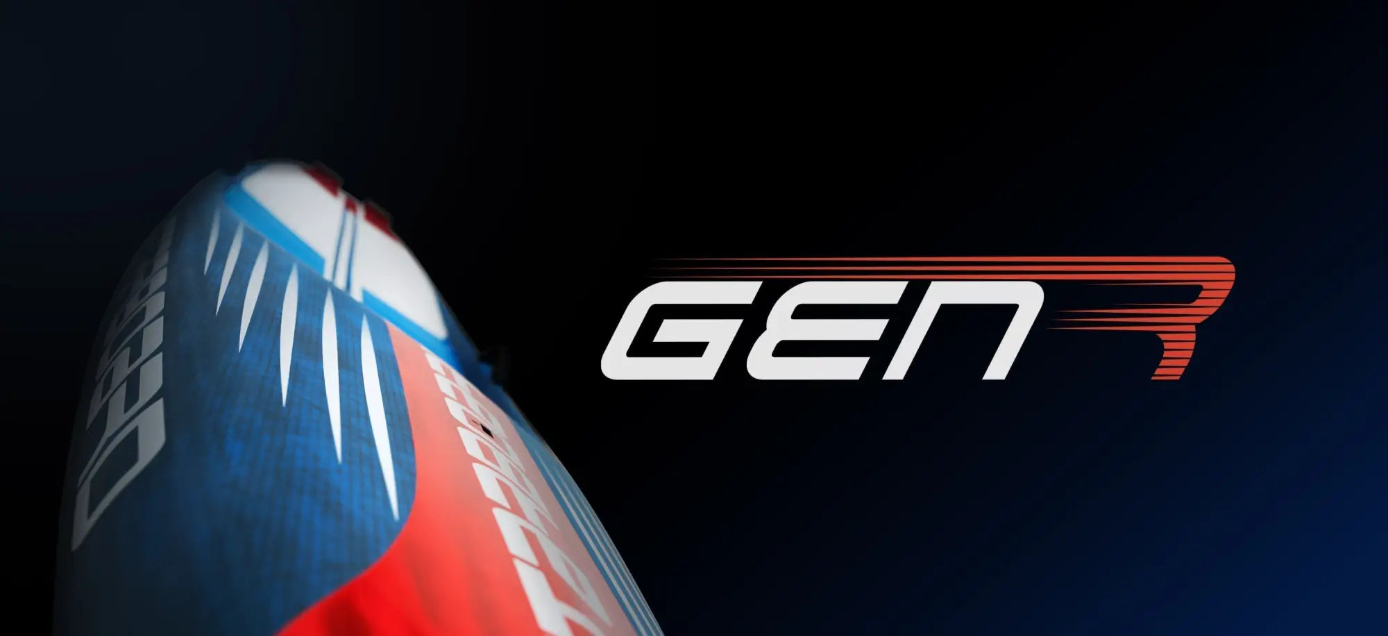 Red and blue Gen R NASCAR racing car with logo on side