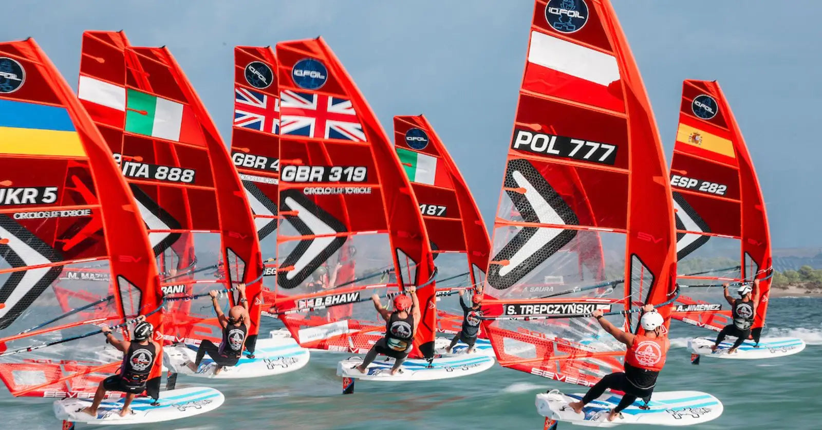 Red windsurfing board with Union Jack design at iQFOiL Youth Worlds 2023