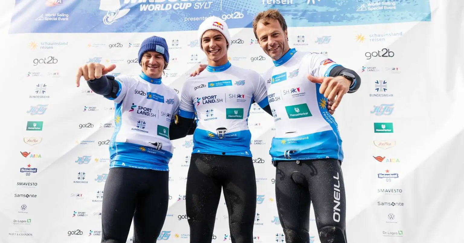 Lennart Neubauer in blue and white ONeill wetsuit at PWA World Cup Sylt