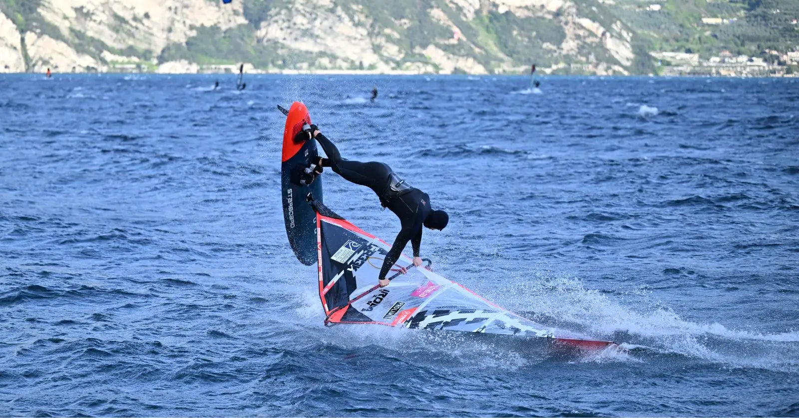 Meiky Wieczorek’s red black windsurfing board with white logo