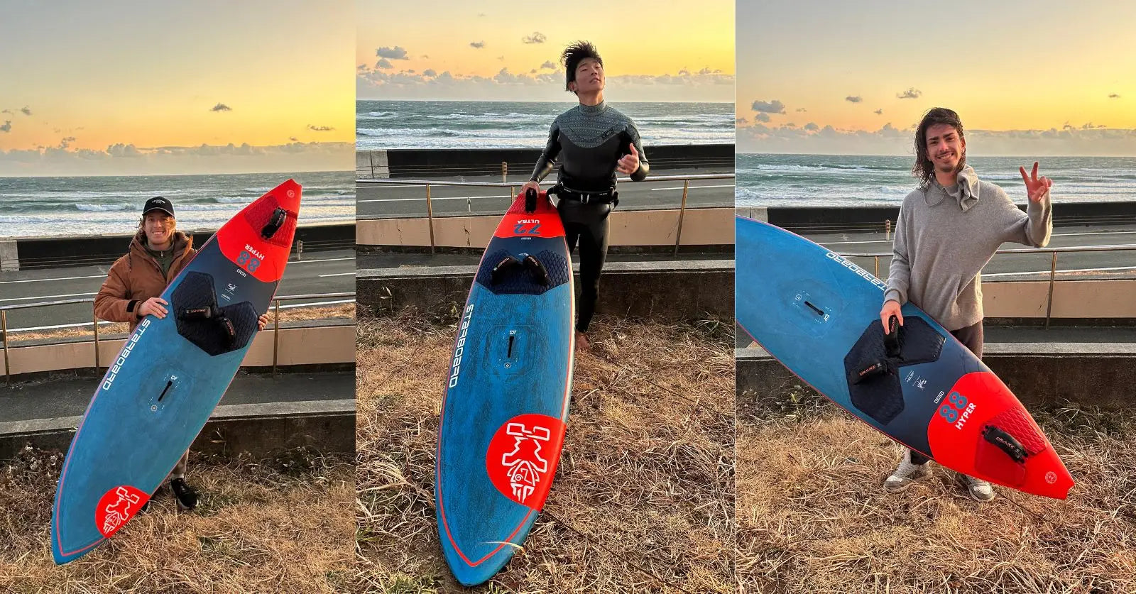 Blue and red fiberglass surfboard with white logo for Jahdan Tyger