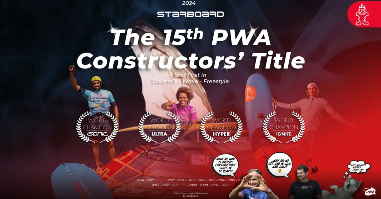 Red Starboard kiteboard with black and white graphics in PWA title win