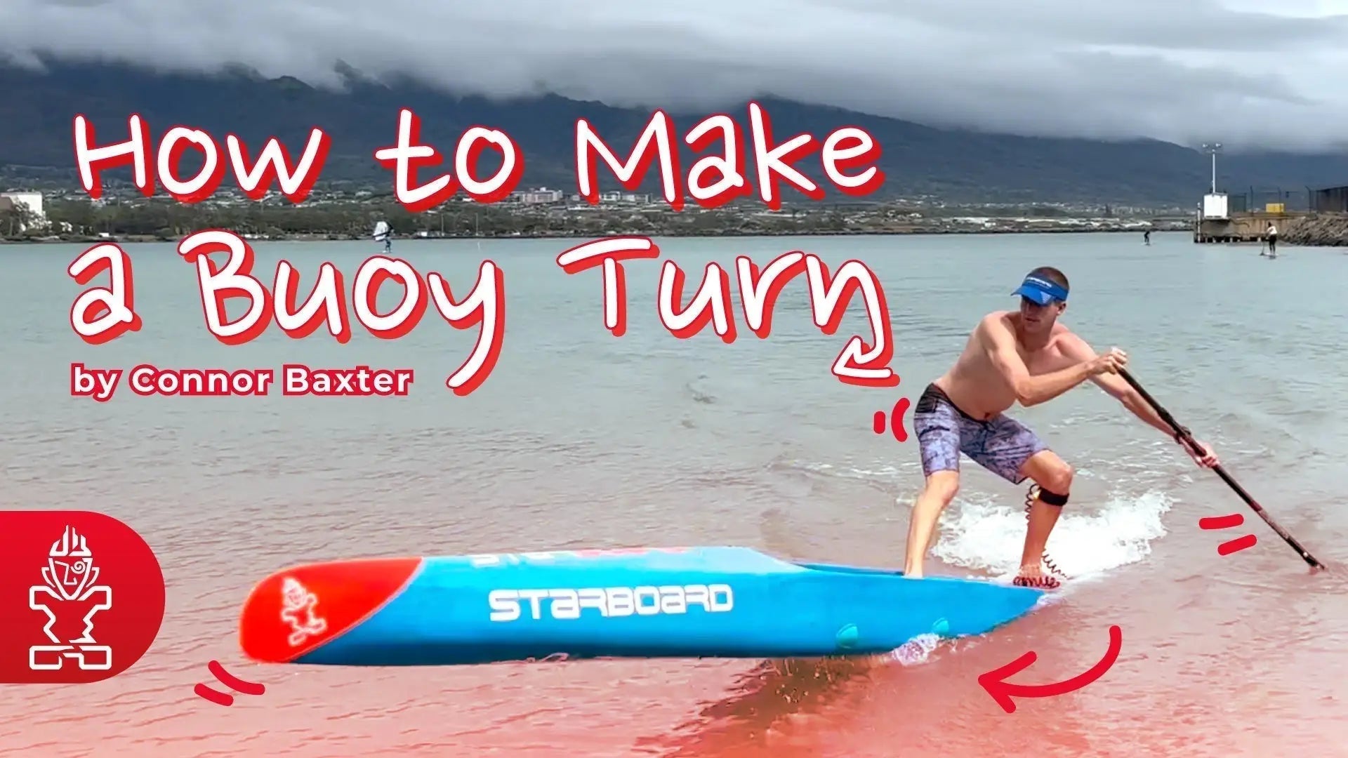 Blue and white starboard paddleboard with red accents in Connor Baxter buoy turn tutorial