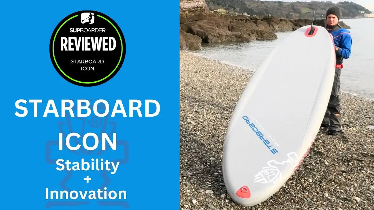 Starboard iCon 2024 inflatable SUP surfboard in white and blue sleek design