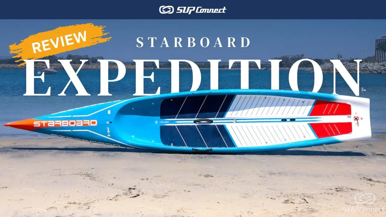 Starboard Sprint Expedition SUP paddle board in blue, white and red.