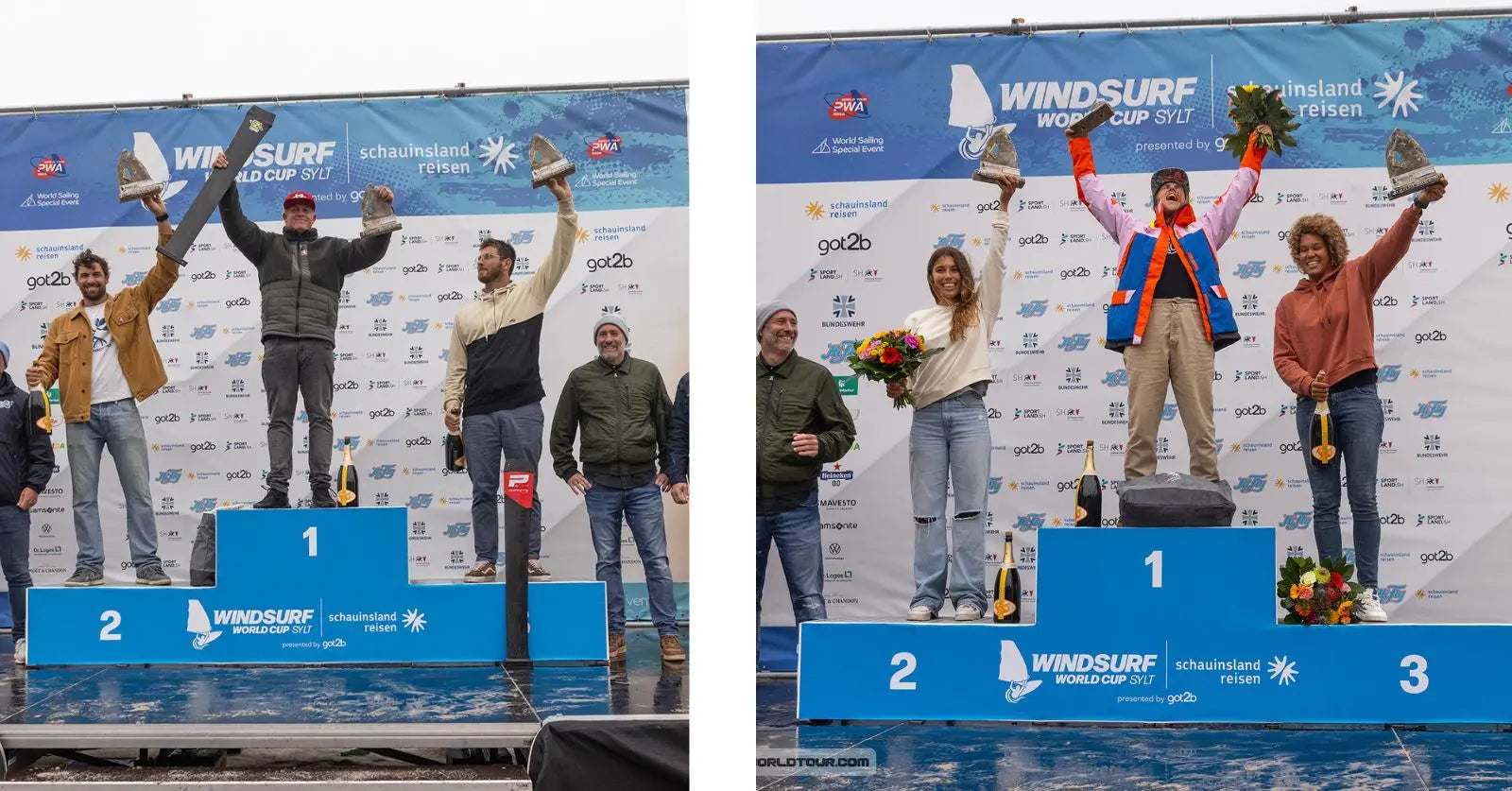 Gold medal with ribbon on silver and blue jacket at PWA Sylt