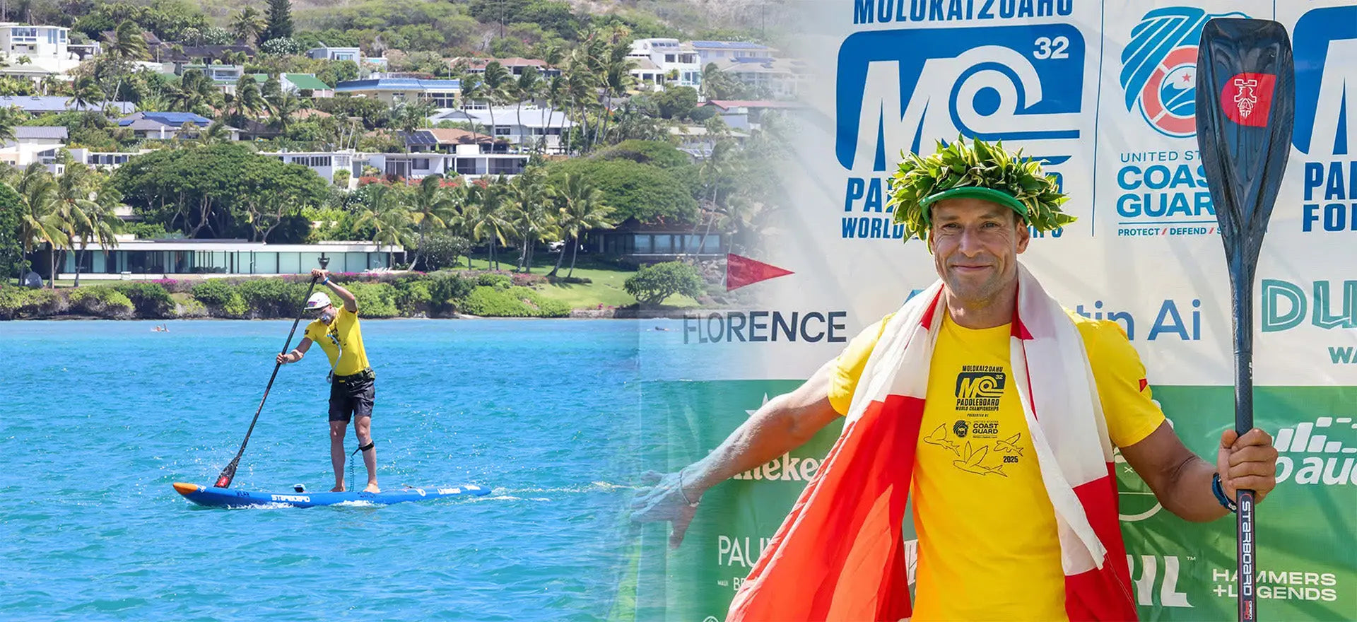 Tim Olivers yellow and red surfboard with black paddle