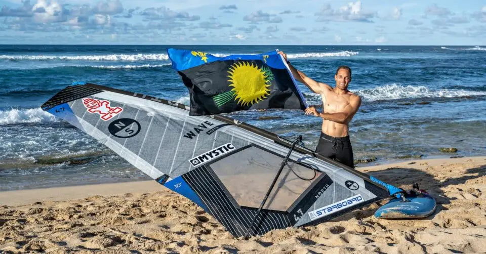 Mystic kiteboarding sail in blue and yellow from YLEM Episode 3: Antoine Martin in Hawaii