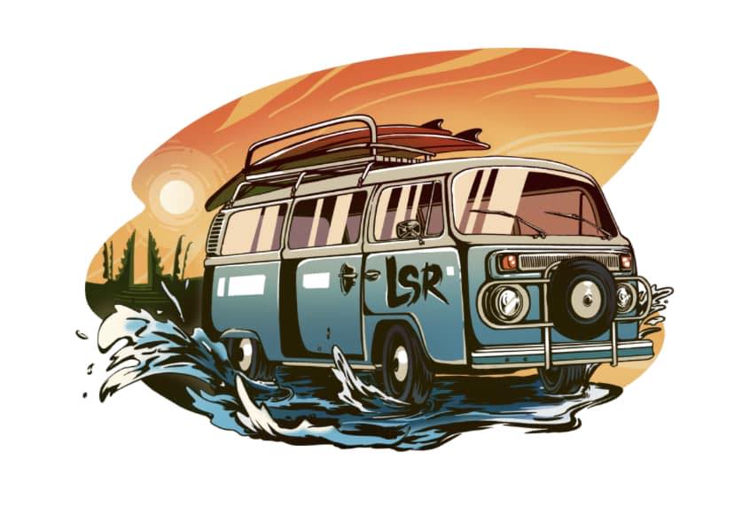 1970s blue and white striped VW bus with surfboard on roof in Bali