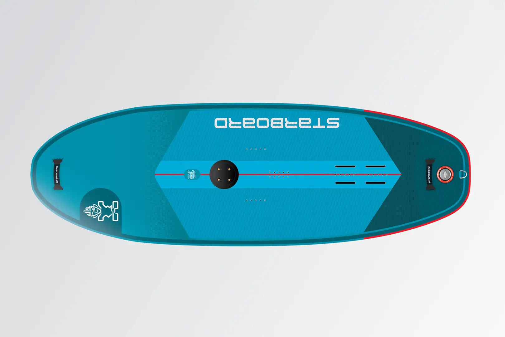 Blue and teal inflatable stand-up paddleboard with red accents for beginners