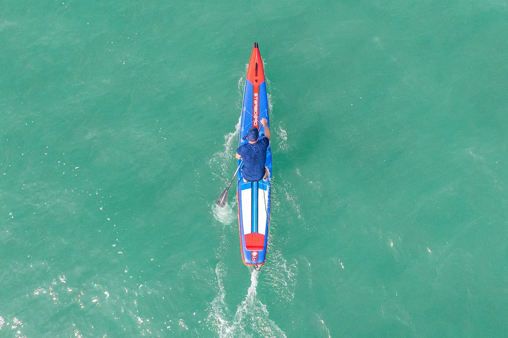 Red and blue All Star iSUP inflatable kayak with white stripes