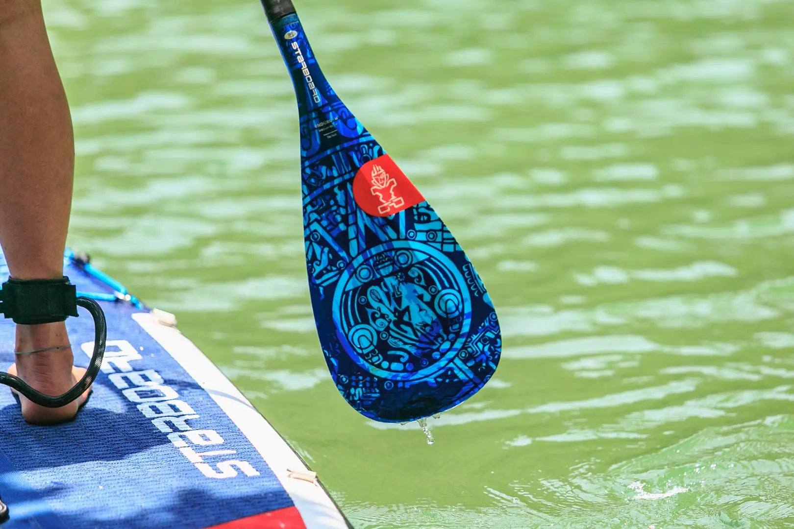 Entry-level blue SUP paddle with white and red accents