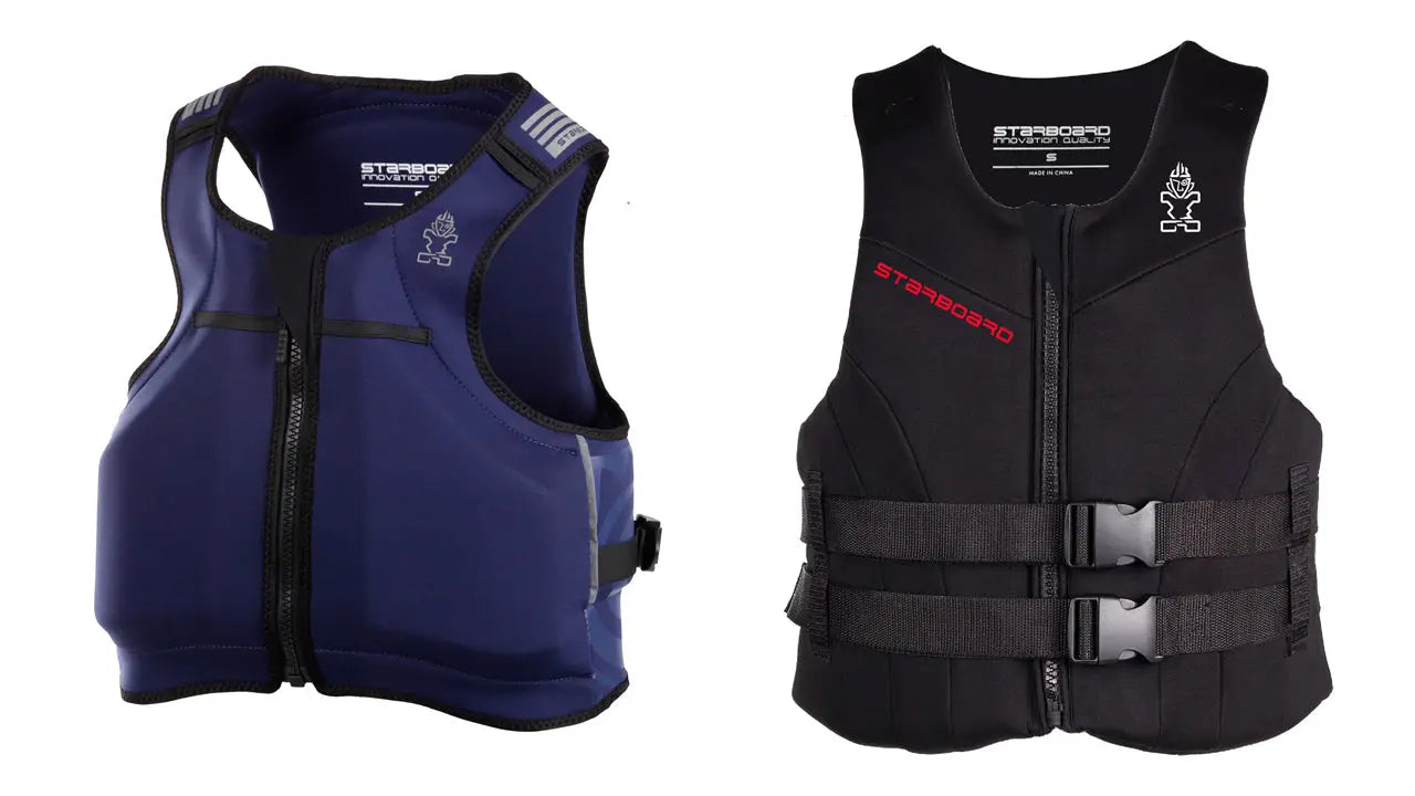 Navy blue neoprene Jet Ski life vest with black zipper and red logo