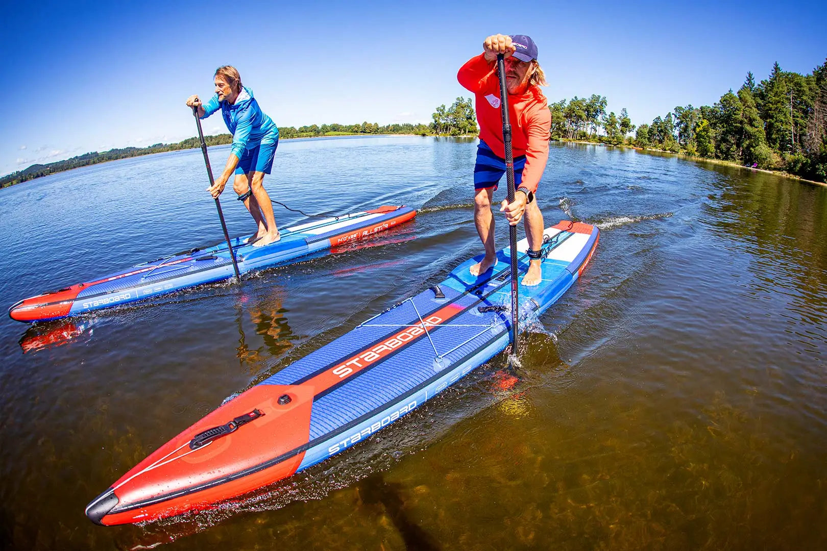 Red and blue Sprint inflatable SUP paddleboard with white sup text