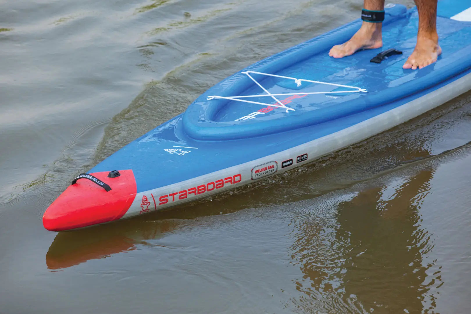 Blue and red starboard inflatable paddleboard with white design from The Wall collection