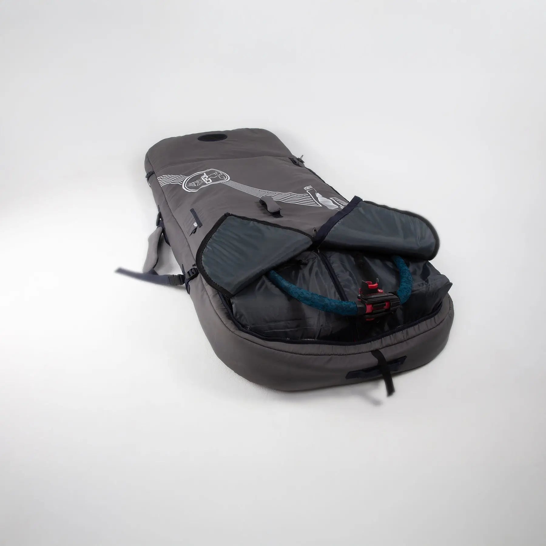 Black and gray windsurf board bag with red accents, waterproof