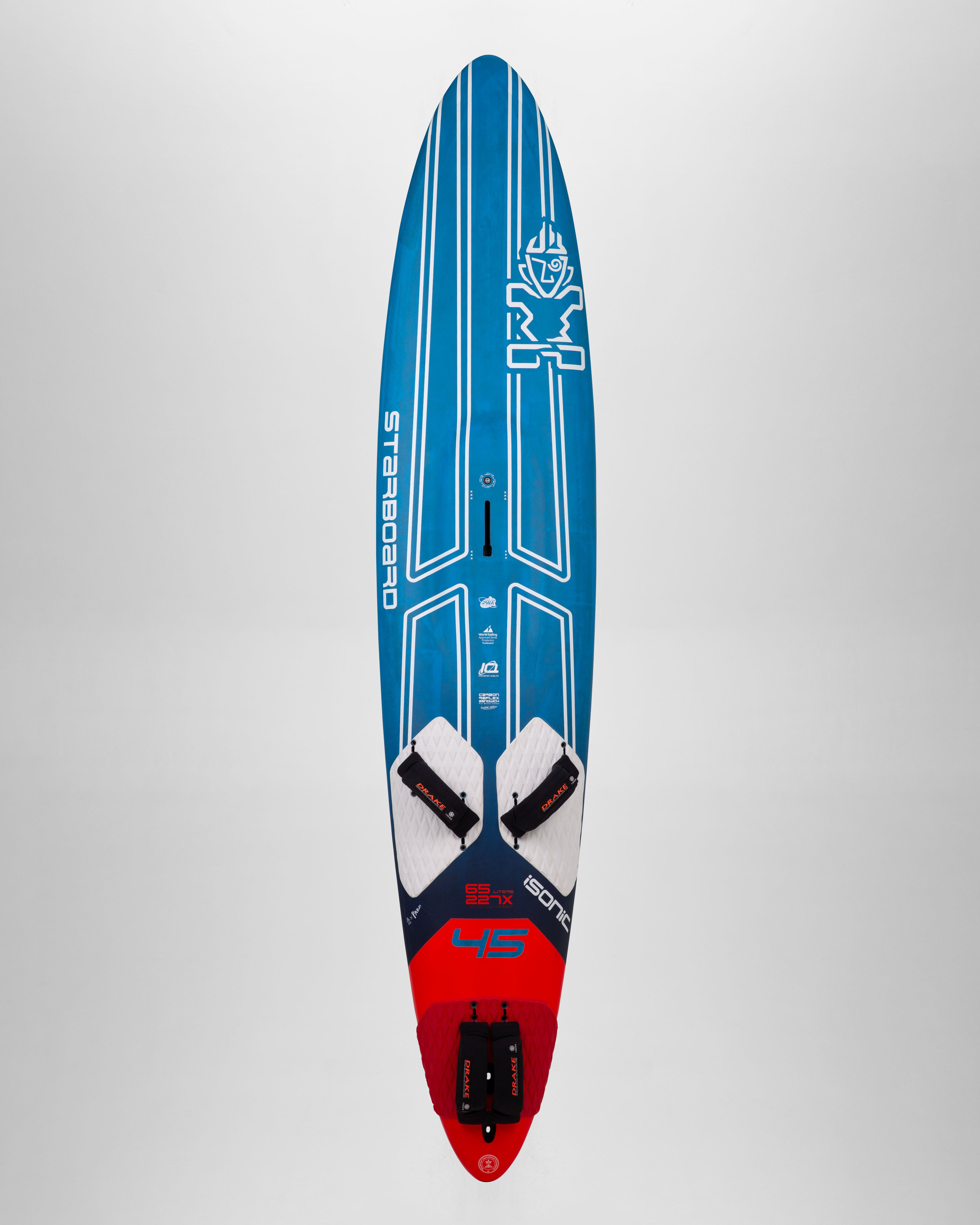 ISonic Speed windsurf board in blue and red with white stripes and Stance logo