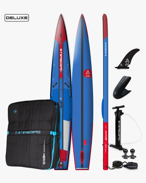 2025 Sprint blue and red inflatable paddleboard with bag, fins, leash, pump