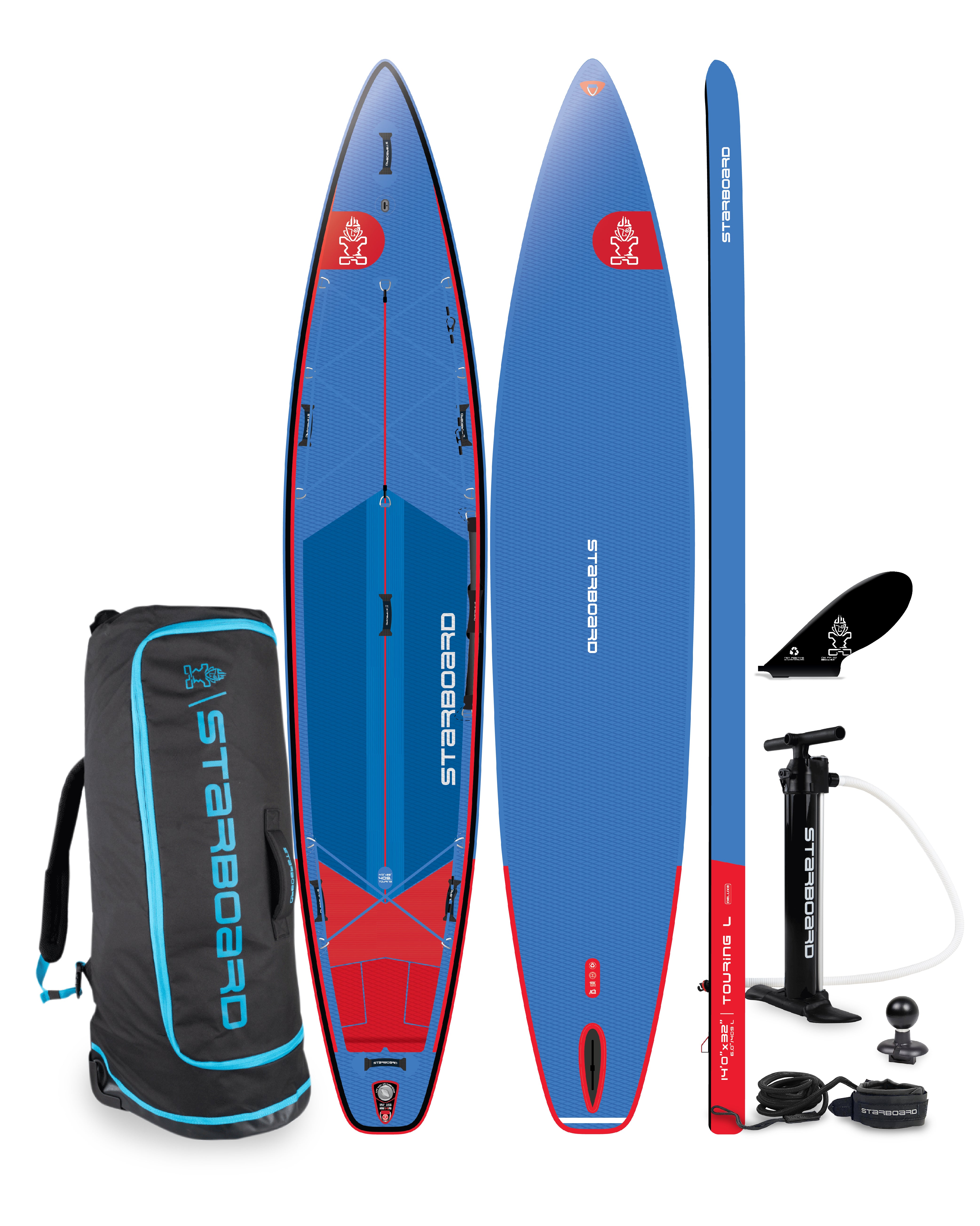 Blue and red Touring Inflatable Paddleboard with Starboard bag, pump, oar