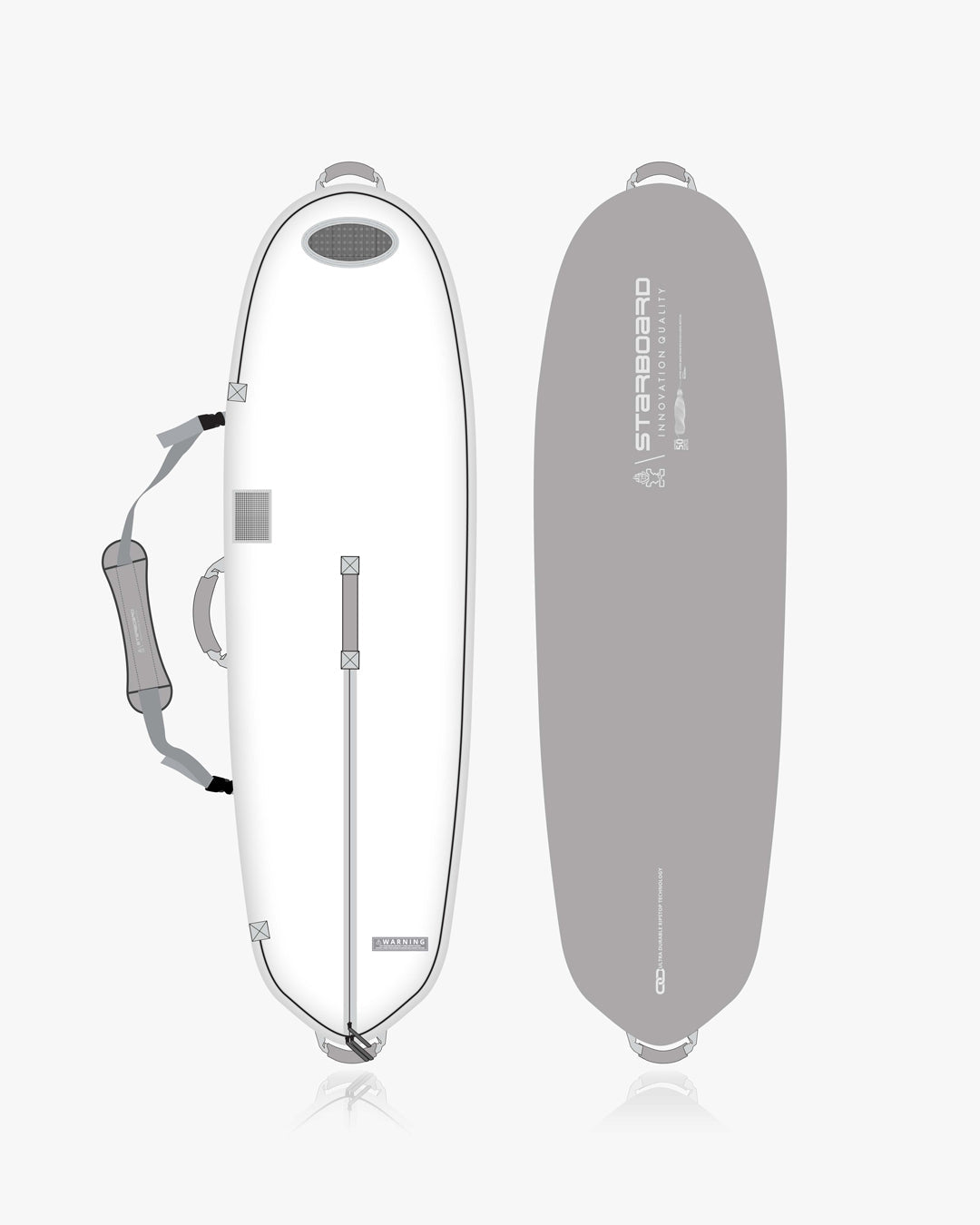 X-15 Foilboard Bag with white surfboard, black leash, silver hardware