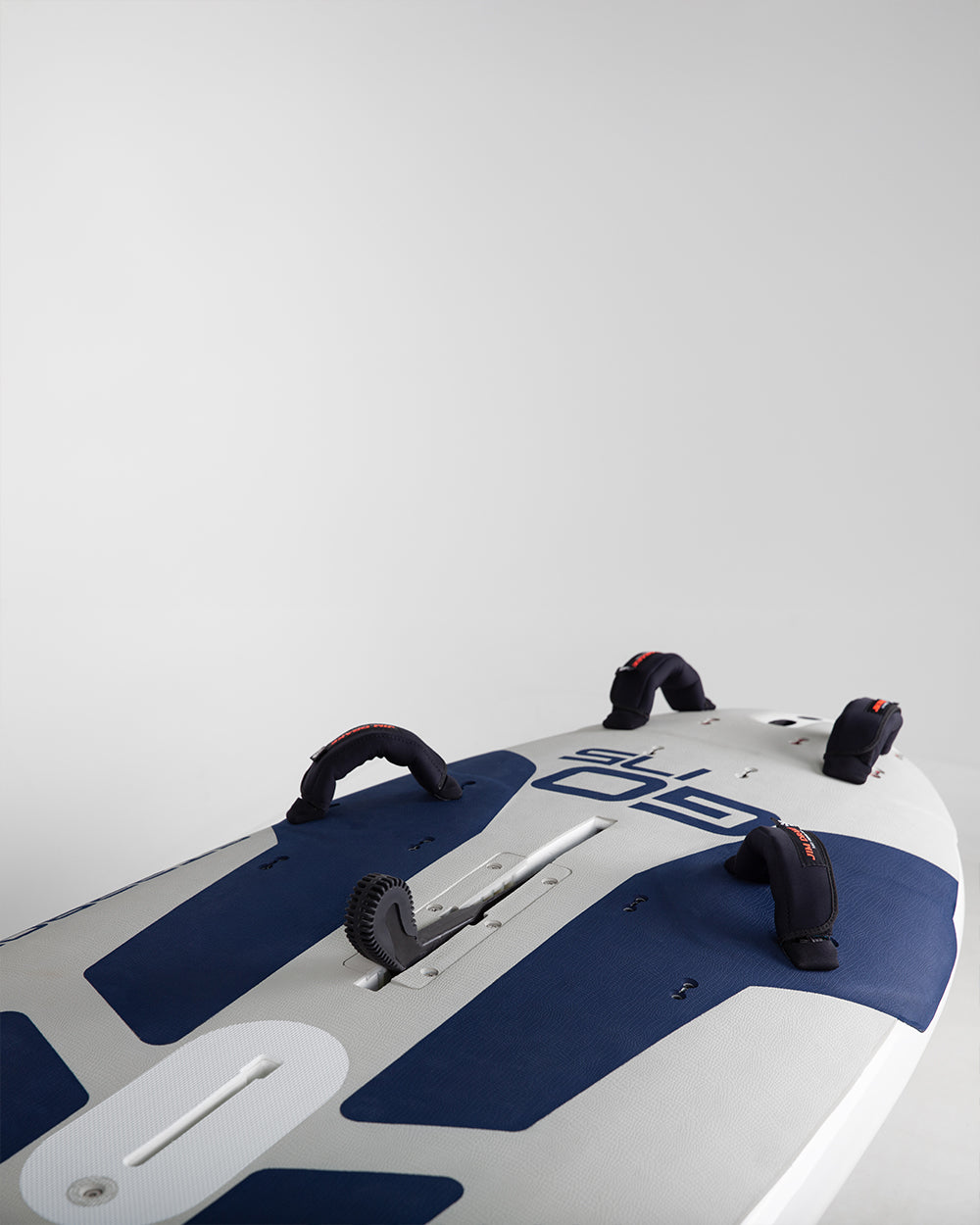 Blue and white GO Windsurfer inflatable paddleboard with black handles