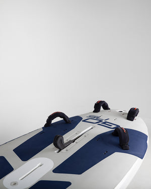 Blue and white GO Windsurfer inflatable paddleboard with black handles