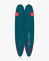 Teal and red longboard surf with unique nose logo design