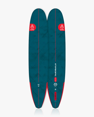 Teal and red longboard surf with unique nose logo design
