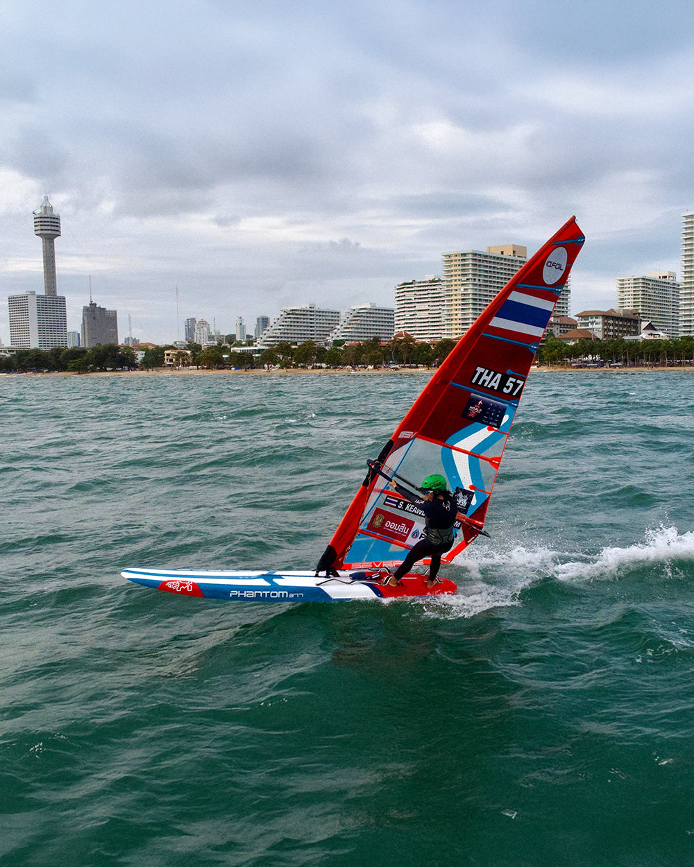 Phantom Race windsurf board with red, white and blue accents