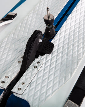 Phantom Race Windsurf Board: Blue and white paddleboard with black footrest and adjustable strap