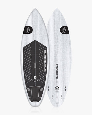Pro Paddleboard: white surfboard with black geometric design and logo
