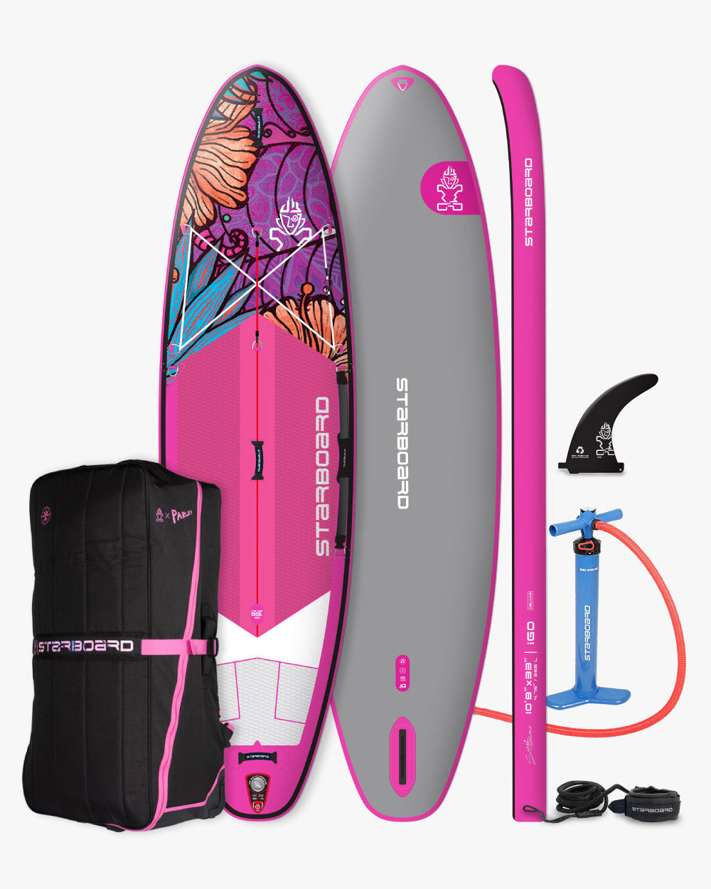Pink and gray Stearns iGO inflatable paddleboard with floral design