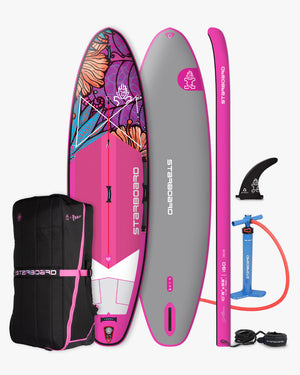 Pink and gray Stearns iGO inflatable paddleboard with floral design