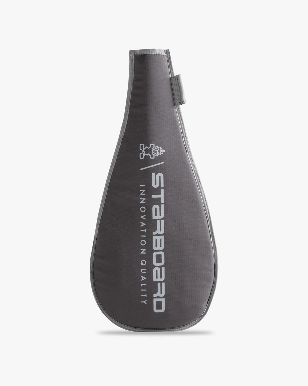 Dark gray SUP paddle blade cover with white logo and strap